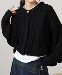 柄編みクロップド丈クルーカーディガン