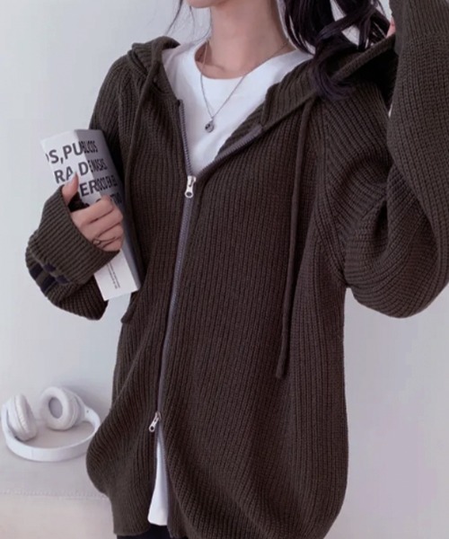セール】ラインスリーブ ダブルジップニットパーカー（パーカー