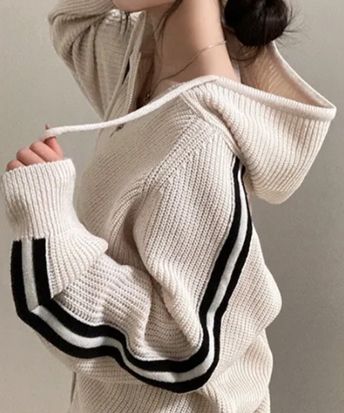 VIVID LADY（ビビッドレディー）の「ラインスリーブ ダブルジップニットパーカー（パーカー・レディース・グレー/ベージュ/ブラウン・FREE）」の6枚目の写真