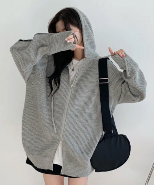 VIVID LADY（ビビッドレディー）の「ラインスリーブ ダブルジップニットパーカー（パーカー・レディース・グレー/ベージュ/ブラウン・FREE）」の13枚目の写真