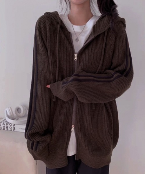 セール】ラインスリーブ ダブルジップニットパーカー（パーカー