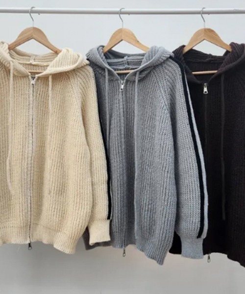 セール】ラインスリーブ ダブルジップニットパーカー（パーカー