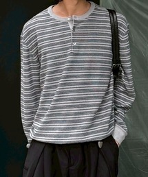 Chikashitsu +（チカシツプラス）の「【Chikashitsu +】cropped henry neck border knit / 【チカシツプラス】クロップドヘンリーネックボーダーニット（Tシャツ/カットソー）」