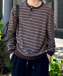 Chikashitsu +（チカシツプラス）の「【Chikashitsu +】cropped henry neck border knit / 【チカシツプラス】クロップドヘンリーネックボーダーニット（Tシャツ/カットソー）」