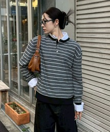 Chikashitsu + | 【Chikashitsu +】cropped henry neck border knit / 【チカシツプラス】クロップドヘンリーネックボーダーニット(Tシャツ/カットソー)