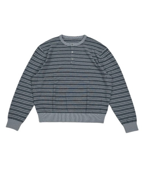 Chikashitsu +（チカシツプラス）の「【Chikashitsu +】cropped henry neck border knit / 【チカシツプラス】クロップドヘンリーネックボーダーニット（Tシャツ/カットソー・メンズ・杢グレー/ブラック/ブラウン・ONE SIZE）」の6枚目の写真