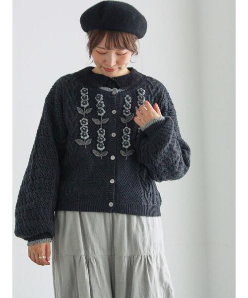 ツハルバイサマンサモスモス✿かぎ針お花モチーフ付きニットカーディガン かぎ針お花モチーフ付きニットカーディガン（グレー