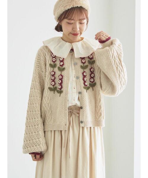 ツハルバイサマンサモスモス　かぎ針お花モチーフ付きニットカーディガン グレー かぎ針お花モチーフ付きニットカーディガン（カーディガン