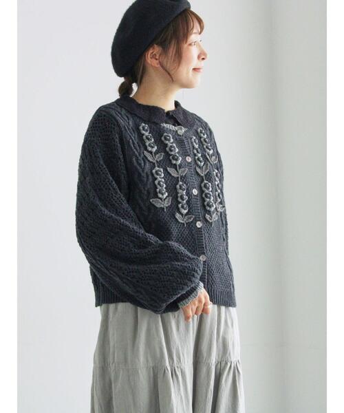 ツハルバイサマンサモスモス　かぎ針お花モチーフ付きニットカーディガン グレー かぎ針お花モチーフ付きニットカーディガン（カーディガン