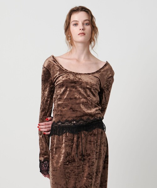 ASTRAET＞ベロア/レース Uネックカットソー（Tシャツ/カットソー