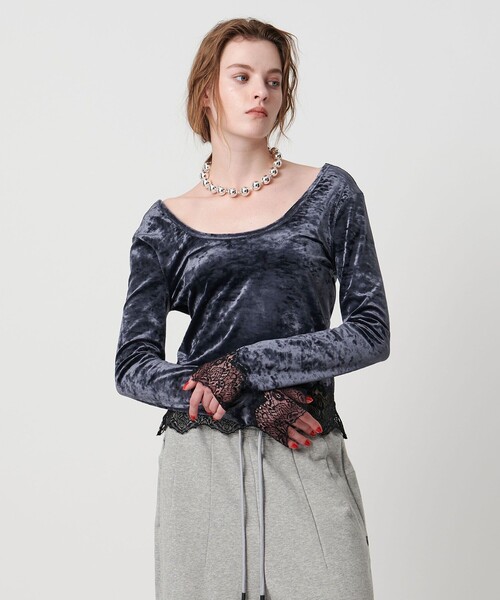 ASTRAET＞ベロア/レース Uネックカットソー（Tシャツ/カットソー