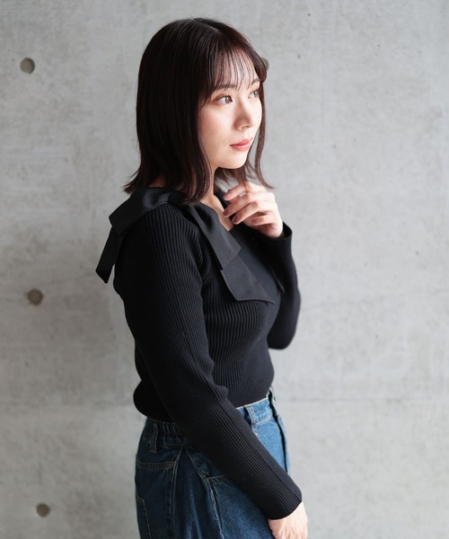Ruwan yu(ルワンユー)の「リボンショルダーニットプルオーバー【大きいサイズ対応】(ニット/セーター・レディース・ブラック・LL/L/4L/3L)」の8枚目の写真