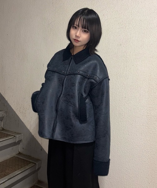 セール】フェイクレザーヴィンテージ加工ムートンジャケット（ムートン