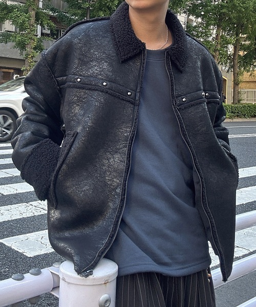 セール】フェイクレザーヴィンテージ加工ムートンジャケット（ムートン