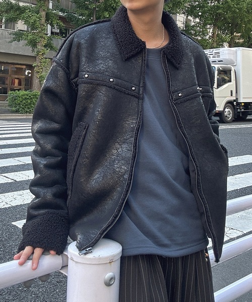 セール】フェイクレザーヴィンテージ加工ムートンジャケット（ムートン