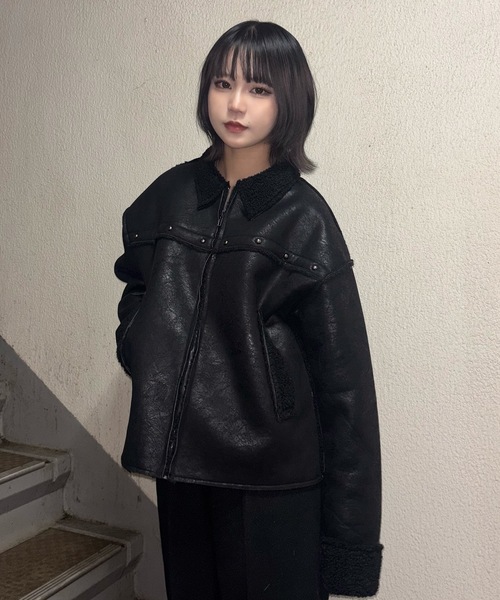 セール】フェイクレザーヴィンテージ加工ムートンジャケット（ムートン