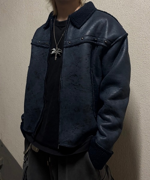 セール】フェイクレザーヴィンテージ加工ムートンジャケット（ムートン