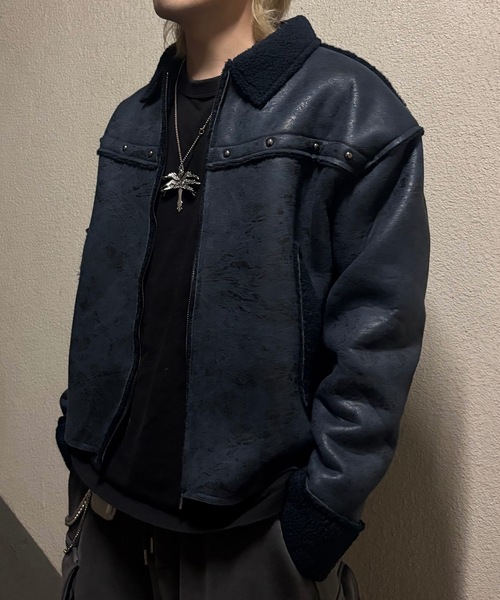 セール】フェイクレザーヴィンテージ加工ムートンジャケット（ムートン