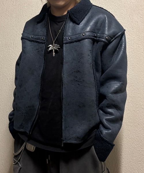 セール】フェイクレザーヴィンテージ加工ムートンジャケット（ムートン