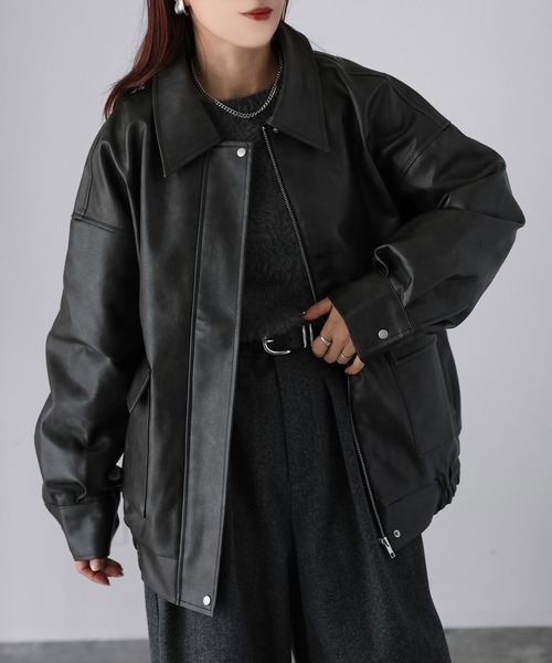 Riberry(リベリー)の「2WAYフェイクレザーステンカラーブルゾン(ブルゾン・レディース・ブラック/ブラウン・FREE)」の2枚目の写真