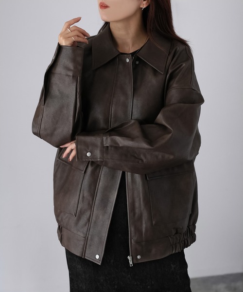 Riberry(リベリー)の「2WAYフェイクレザーステンカラーブルゾン(ブルゾン・レディース・ブラック/ブラウン・FREE)」の7枚目の写真