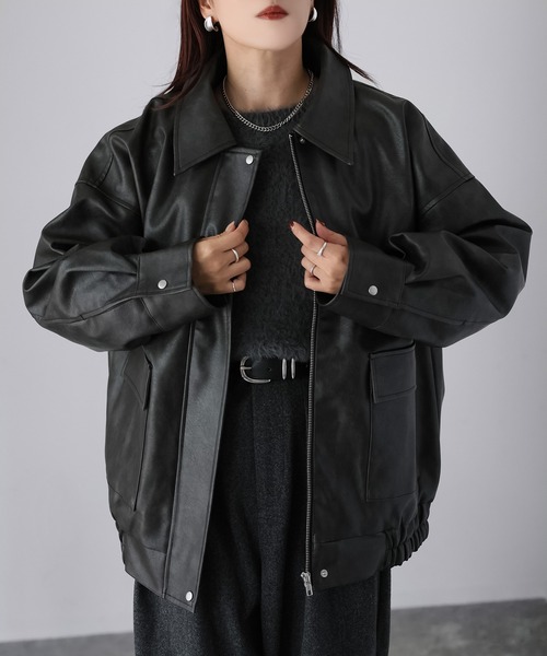 Riberry(リベリー)の「2WAYフェイクレザーステンカラーブルゾン(ブルゾン・レディース・ブラック/ブラウン・FREE)」の3枚目の写真