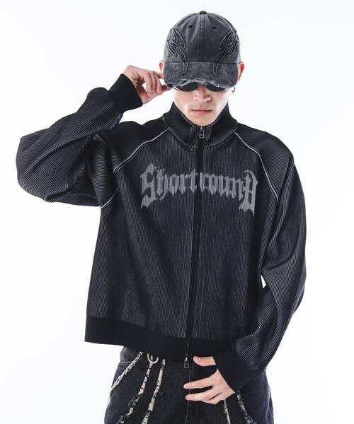 SHORT ROUND(ショートラウンド)の「SHORT ROUND/ショートグラフィックニットブルゾン(ニット/セーター・メンズ・ブラック/グレー・MEDIUM/LARGE)」の2枚目の写真