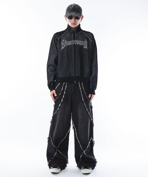 SHORT ROUND(ショートラウンド)の「SHORT ROUND/ショートグラフィックニットブルゾン(ニット/セーター・メンズ・ブラック/グレー・MEDIUM/LARGE)」の7枚目の写真