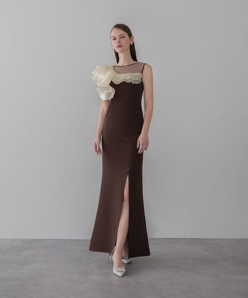 セール】【LEJA LUXE】アシンメトリーフリルスリットマーメイドドレス