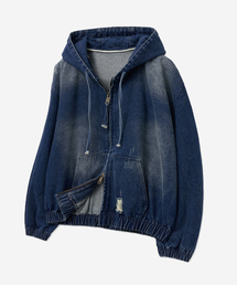 VTWO（ブイツー）の「ドローイングウォッシュドデニムフードジャケット_ブルー（デニムジャケット）」