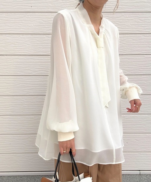 Q（キュー）の「結びボウタイ リブブラウス（シャツ/ブラウス・レディース・ドット/アイボリー・MEDIUM）」の5枚目の写真