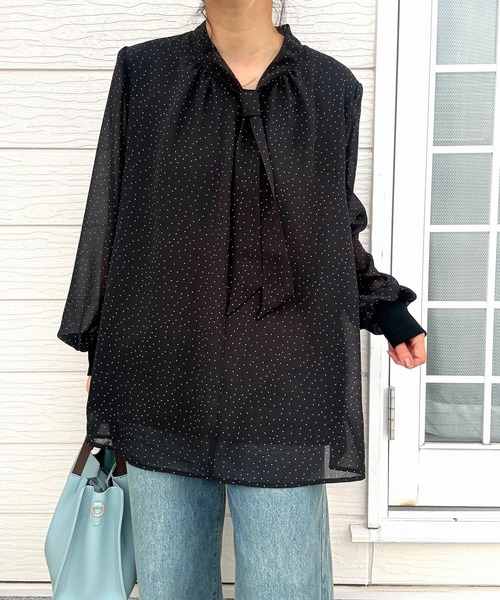 Q（キュー）の「結びボウタイ リブブラウス（シャツ/ブラウス・レディース・ドット/アイボリー・MEDIUM）」の10枚目の写真