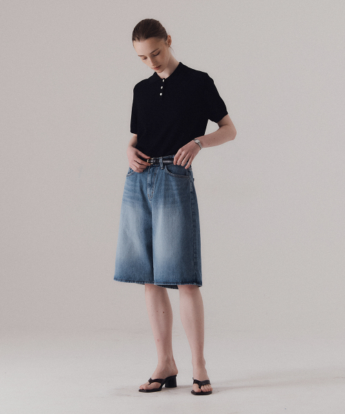 Washed bermuda denim shorts (BLUE)