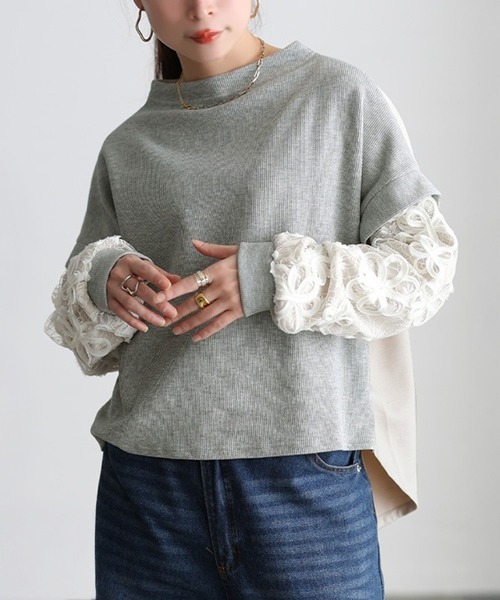 GOLDJAPAN(ゴールドジャパン)の「レース袖異素材切り替えプルオーバー【大きいサイズ対応】(Tシャツ/カットソー・レディース・杢グレー/ブラック・LL~3L/4L~5L)」の1枚目の写真