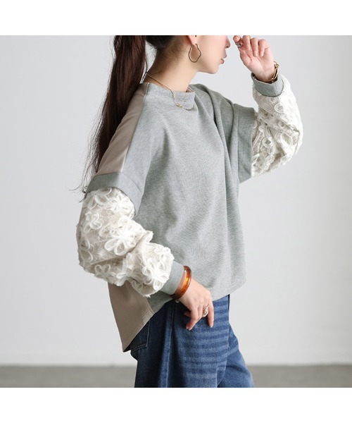GOLDJAPAN(ゴールドジャパン)の「レース袖異素材切り替えプルオーバー【大きいサイズ対応】(Tシャツ/カットソー・レディース・杢グレー/ブラック・LL~3L/4L~5L)」の9枚目の写真