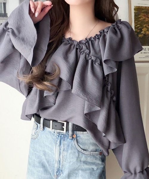 mily bilet(ミウィビレット)の「【mily bilet】大人の甘さがちょうどいい♪オフショル2wayキャンディースリーブカシュクールブラウス(長袖)(シャツ/ブラウス・レディース・チャコール/アイボリー/ブルー/ブラウン・LARGE/MEDIUM/SMALL/X-LARGE)」の6枚目の写真