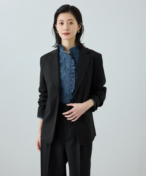 ROPE'（ロペ）の「トリアセツイル シングルテーラードジャケット(デニムライク)/セットアップ対応（テーラードジャケット・レディース・ブルー系その他3/ブラック・38/36）」の3枚目の写真
