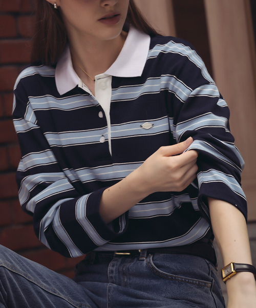 TILL I DIE(ティルアイダイ)の「Cotton stripe base collar polo t-shirt_Navy(Tシャツ/カットソー・レディース・ネイビー・M/S)」の1枚目の写真