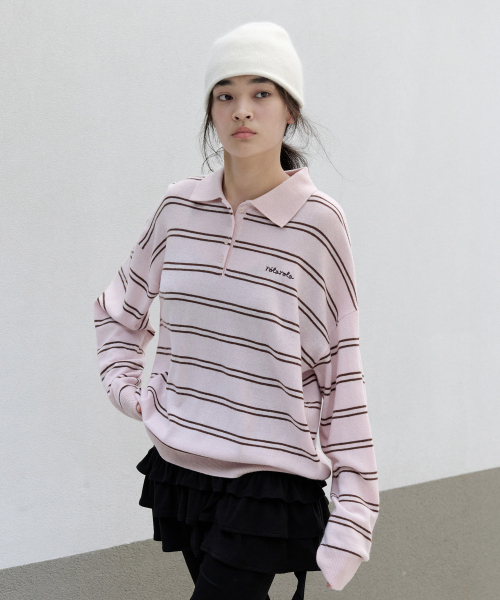 ROLAROLA(ロラロラ)の「LOOSE FIT COLLAR STRIPE KNIT PINK(ニット/セーター・レディース・ピンク・FREE)」の1枚目の写真