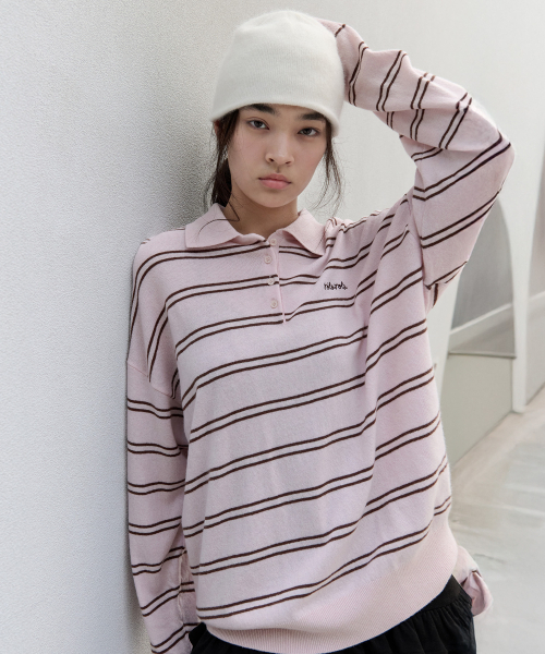 ROLAROLA(ロラロラ)の「LOOSE FIT COLLAR STRIPE KNIT PINK(ニット/セーター・レディース・ピンク・FREE)」の2枚目の写真