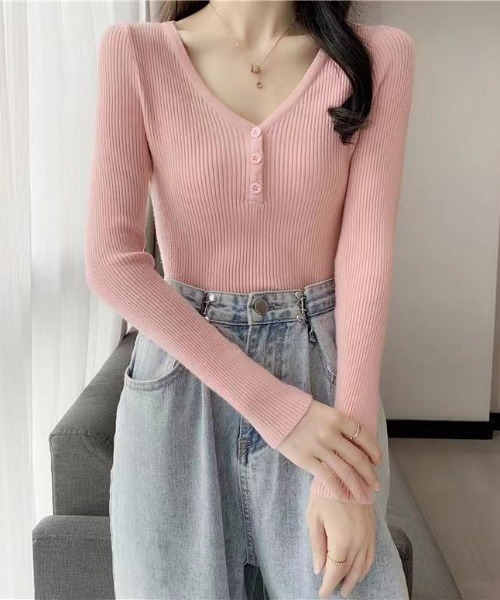 Beststore（ベストストア）の「ボタン付　長袖リブニットトップス レディース（ニット/セーター・レディース・ベージュ/グレー/ライトベージュ/ブラック/ピンク/グリーン/ホワイト・FREE）」の7枚目の写真