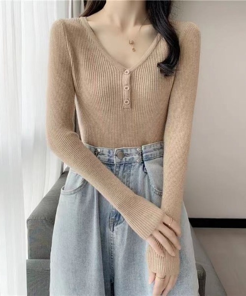 Beststore（ベストストア）の「ボタン付　長袖リブニットトップス レディース（ニット/セーター・レディース・ベージュ/グレー/ライトベージュ/ブラック/ピンク/グリーン/ホワイト・FREE）」の18枚目の写真