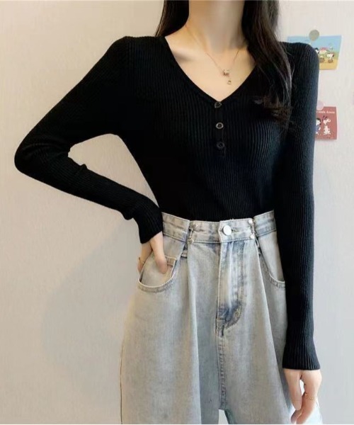 Beststore（ベストストア）の「ボタン付　長袖リブニットトップス レディース（ニット/セーター・レディース・ベージュ/グレー/ライトベージュ/ブラック/ピンク/グリーン/ホワイト・FREE）」の20枚目の写真