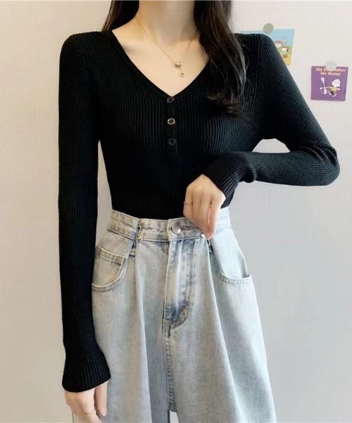 Beststore（ベストストア）の「ボタン付　長袖リブニットトップス レディース（ニット/セーター・レディース・ベージュ/グレー/ライトベージュ/ブラック/ピンク/グリーン/ホワイト・FREE）」の21枚目の写真