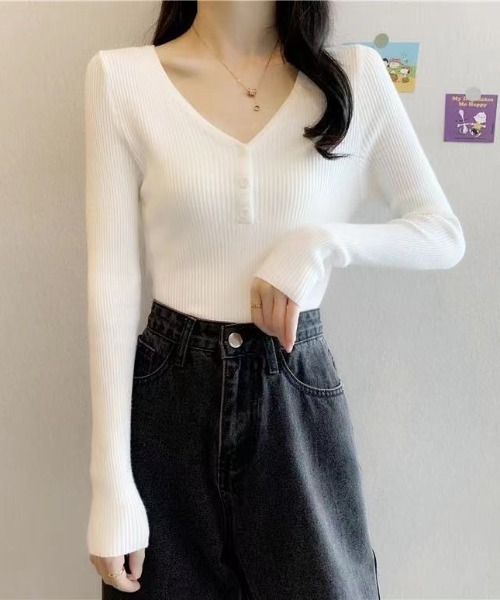 Beststore（ベストストア）の「ボタン付　長袖リブニットトップス レディース（ニット/セーター・レディース・ベージュ/グレー/ライトベージュ/ブラック/ピンク/グリーン/ホワイト・FREE）」の22枚目の写真