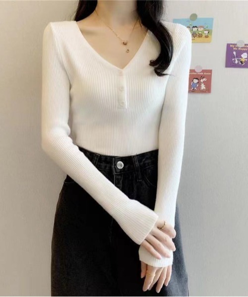 Beststore（ベストストア）の「ボタン付　長袖リブニットトップス レディース（ニット/セーター・レディース・ベージュ/グレー/ライトベージュ/ブラック/ピンク/グリーン/ホワイト・FREE）」の8枚目の写真