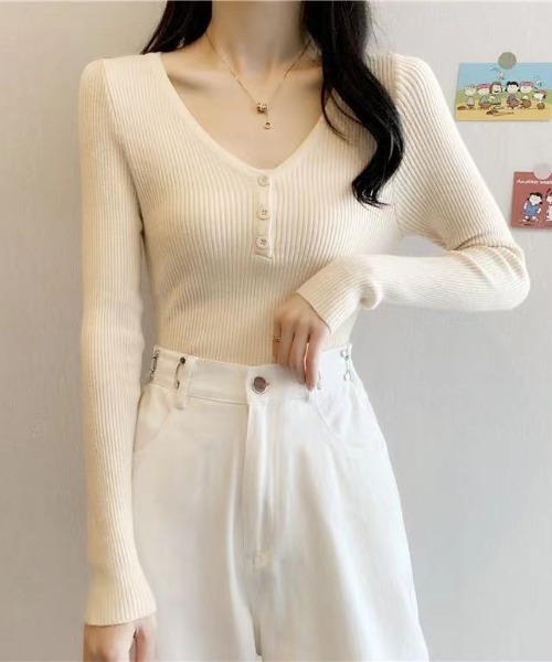 Beststore（ベストストア）の「ボタン付　長袖リブニットトップス レディース（ニット/セーター・レディース・ベージュ/グレー/ライトベージュ/ブラック/ピンク/グリーン/ホワイト・FREE）」の10枚目の写真