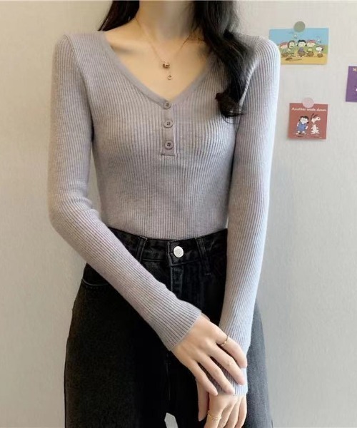 Beststore（ベストストア）の「ボタン付　長袖リブニットトップス レディース（ニット/セーター・レディース・ベージュ/グレー/ライトベージュ/ブラック/ピンク/グリーン/ホワイト・FREE）」の13枚目の写真