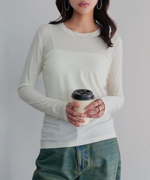KOBE LETTUCE(コウベレタス)の「暖かクルーネックシアーロンT(Tシャツ/カットソー・レディース・ブラック/オフホワイト/グレー系・L/LL/M)」の7枚目の写真