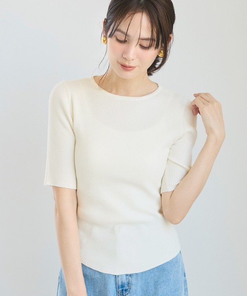 coca(coca)(コカ)の「五分丈ラウンドヘムニット(ニット/セーター・レディース・ライトグレー/アイボリー・S/M/L)」の4枚目の写真